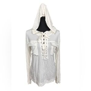 POL White Long Sleeve Hooded Lace-Up Tunic Top with Pockets -‎ Women's Medium